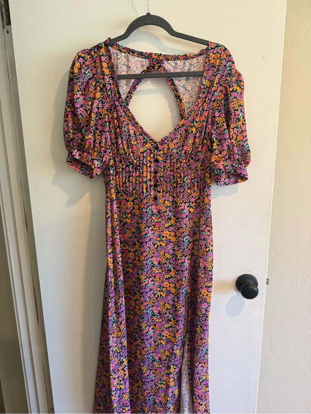 For Love & Lemons Purple Floral Puff-Sleeve Midi Dress